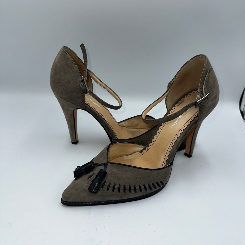 Johnston & Murphy Suede Tassel Pumps Taupe Grey Ankle Strap Heels 7.5M